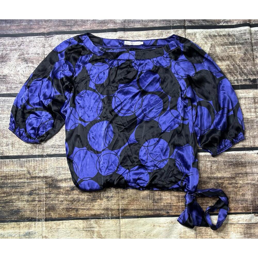 Alice & Trixie Top Women's Medium Silk Purple Black Geometric Tie Hem Satin